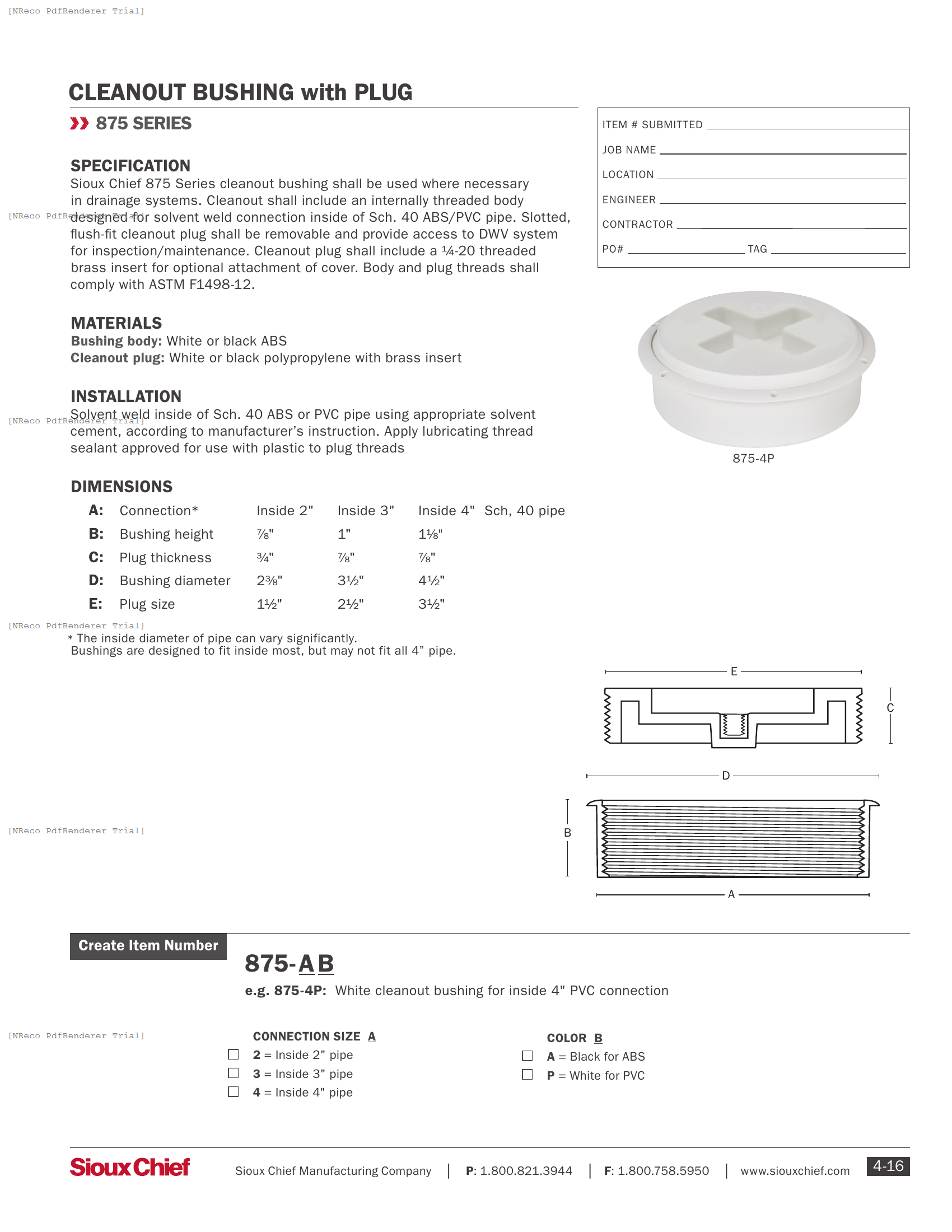 875 SERIES - CLEANOUT BUSHING - SPEC SHEET.PDF Specification Document